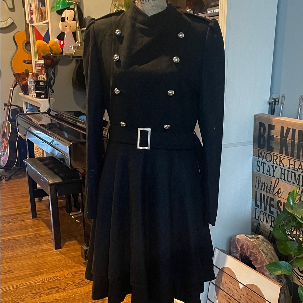 Elegant Black Long Sleeve Military inspired wool style coat with Button Details